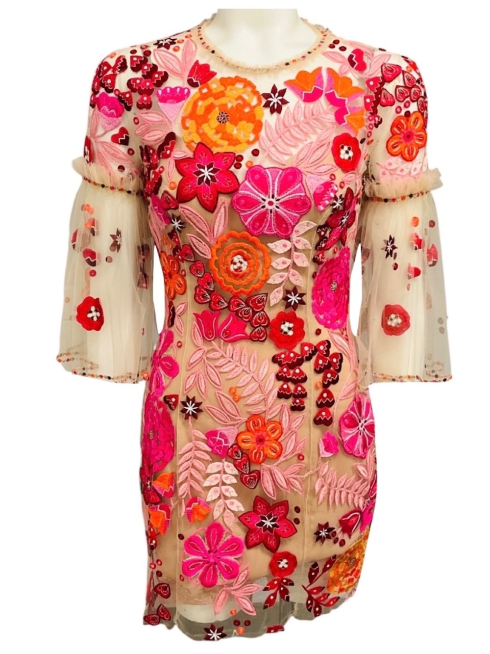 JENNY PACKHAM BEIGE / RED / PINK / ORANGE FLORAL EMBROIDERED MESH TULLE MINI DRE